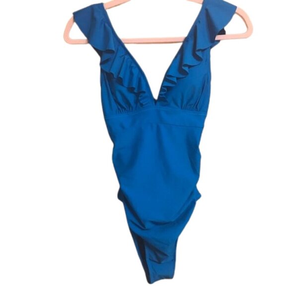 NWT CUPSHE Women's Ruffled One Piece Swimsuit V Neck Lace Up Back Royal Blue XS - Picture 5 of 14